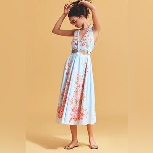 farm rio cutout embroidered floral-print linen-blend maxi dress Off-White Flower Embroidery Asymetric Hem Midi Dress